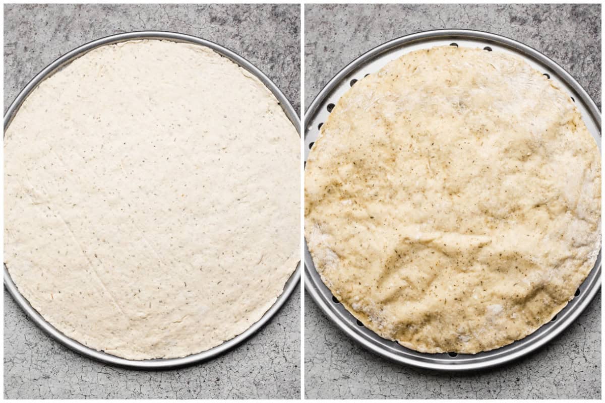 Two images showing protein pizza crust before and after it's baked. 