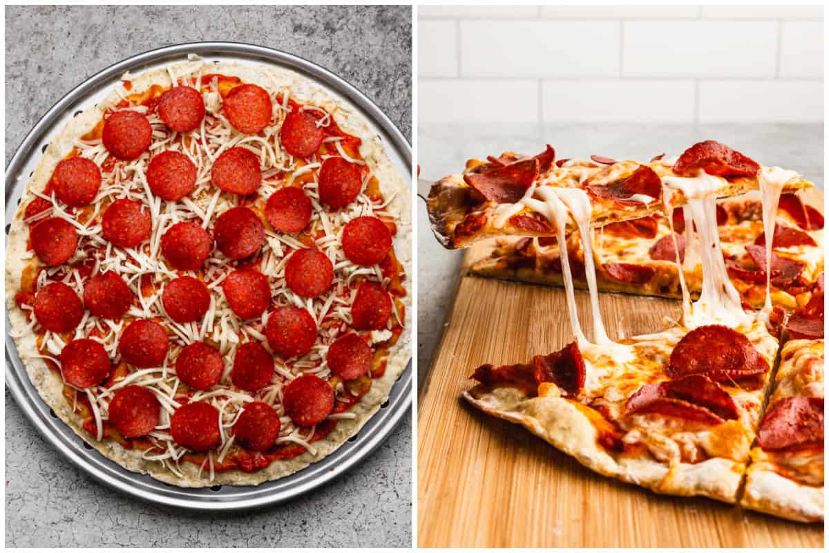 Two images showing homemade protein pizza before it's baked then after it's sliced and a piece being lifted to show the cheese. 