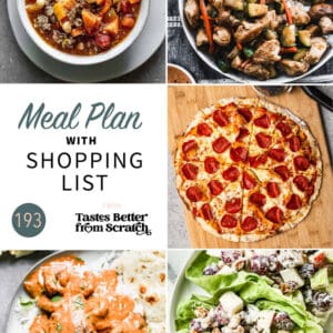 A collage of 5 dinner recipes from meal plan 193.