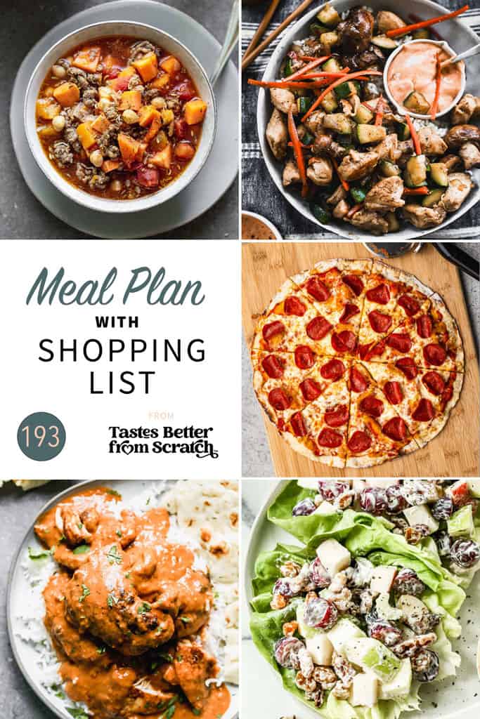 A collage of 5 dinner recipes from meal plan 193.