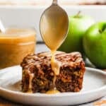 This Fresh Apple Cake is a homemade spice cake loaded with grated apples and topped with a delicious caramel sauce.