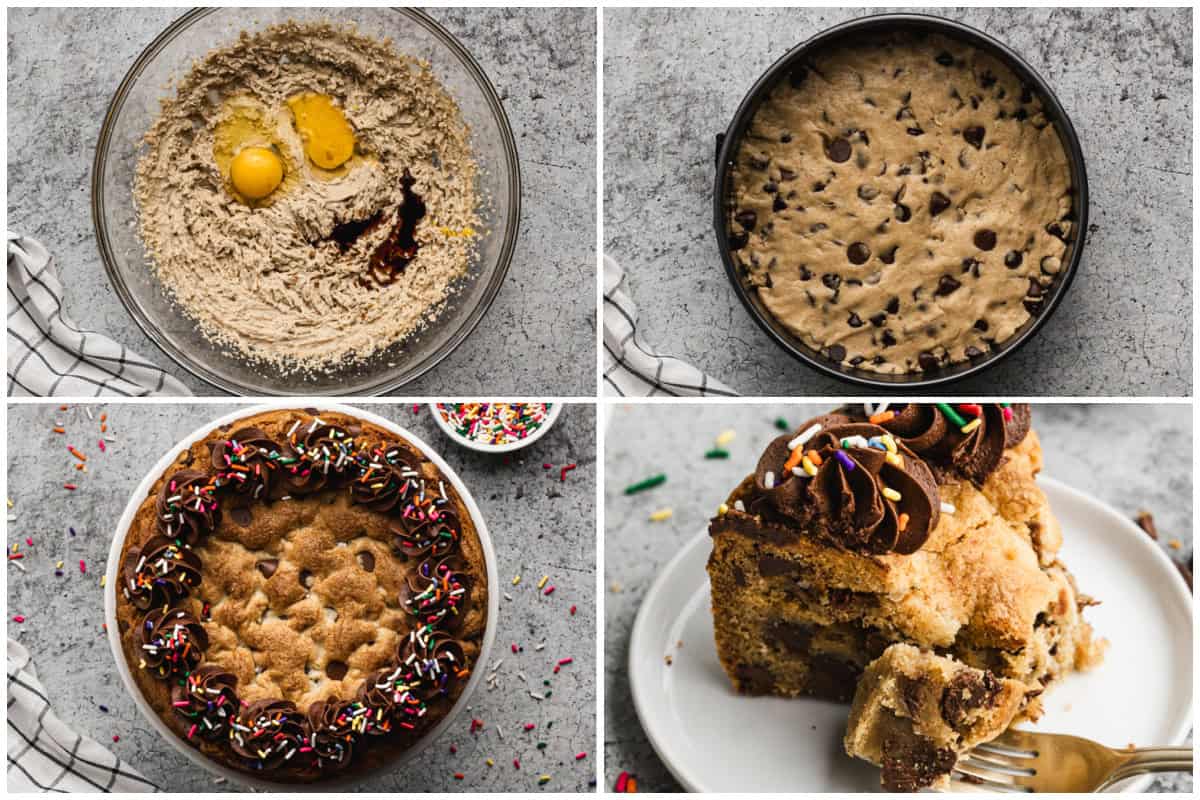 the Easiest Chocolate Chip Cookie Cake recipe is quick, easy and more affordable than store-bought! Perfect for a birthday cookie cake or special occasion. 