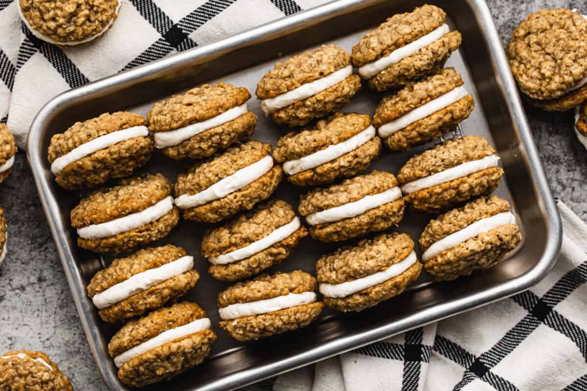 These homemade Oatmeal Creme Pies are soft, chewy and sandwiches a creamy frosting filling.