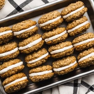 These homemade Oatmeal Creme Pies are soft, chewy and sandwiches a creamy frosting filling.