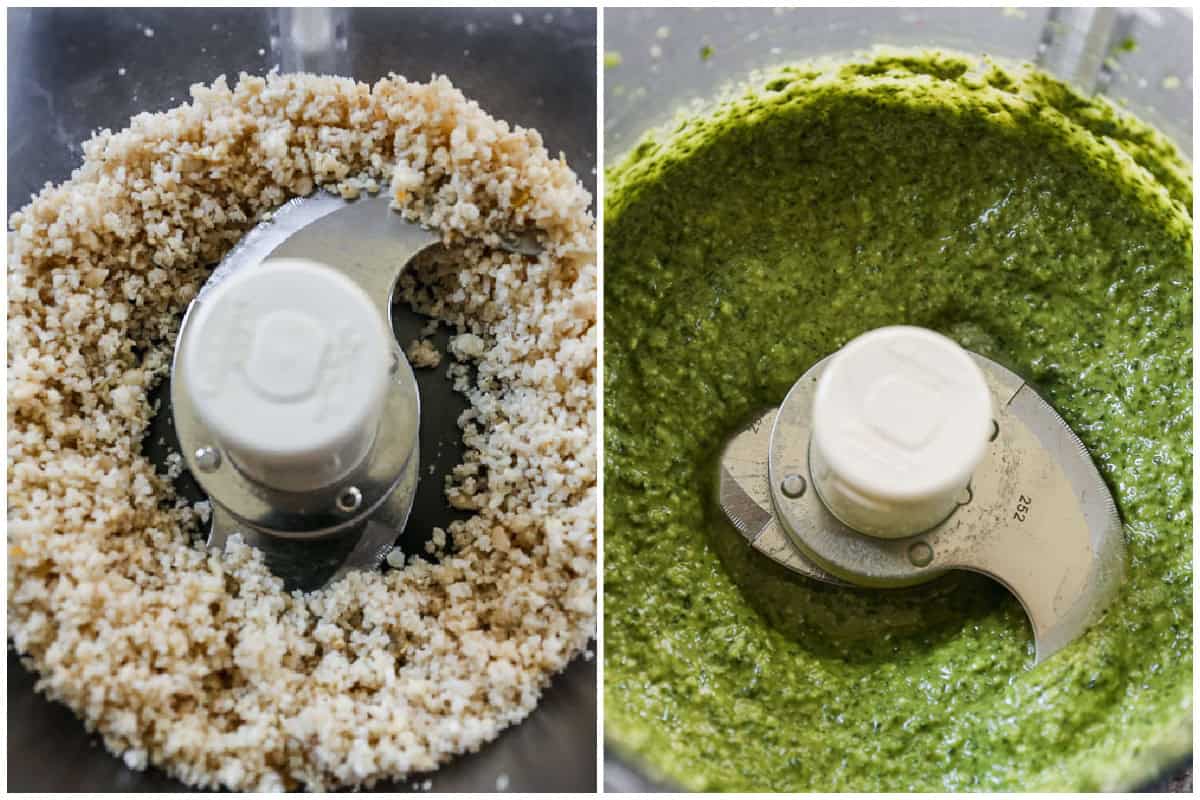 Two images showing how to make pesto pasta by grinding pine nuts in a food processor then after basil and olive oil have been added to make homemade pesto. 