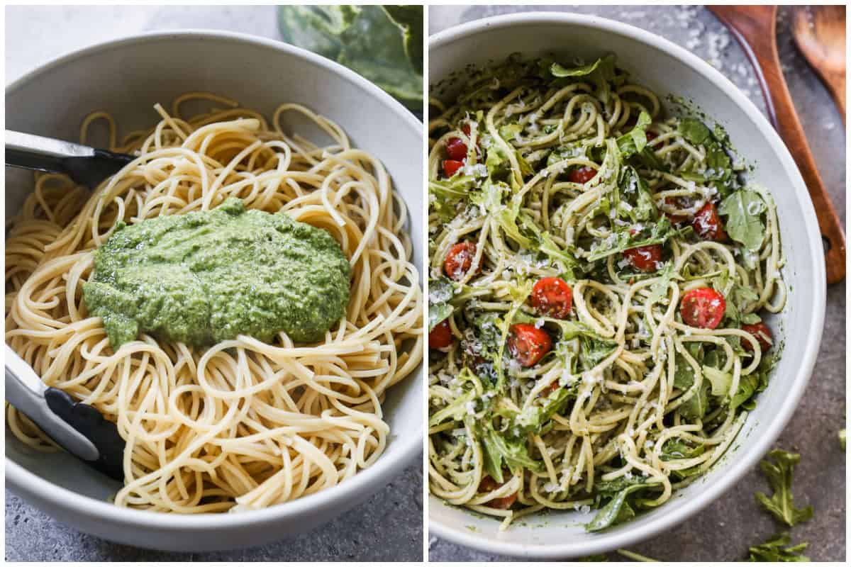 Two images showing spaghetti noodles being tossed in a pesto sauce then after it's combined with arugula, parmesan, and tomatoes and the pesto spaghetti is ready to serve. 