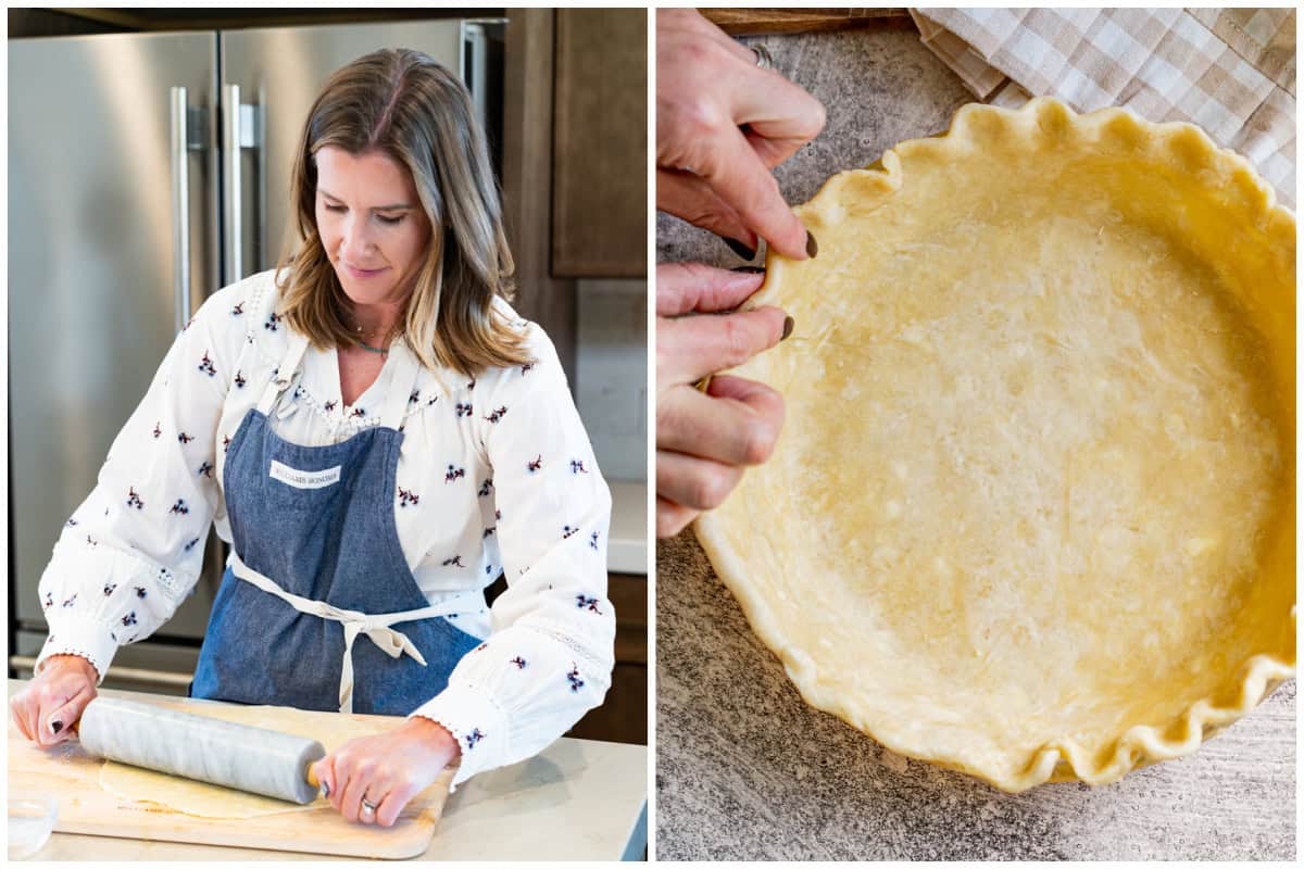 A homemade pie crust is easy to roll out by applying even pressure and starting at the center to the edge. Make it about an inch bigger than your pie plate so you can crimp the edges. 
