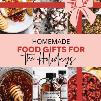 A collage image showing six pictures featuring a variety of homemade food gifts for Christmas to make for friends and neighbors.