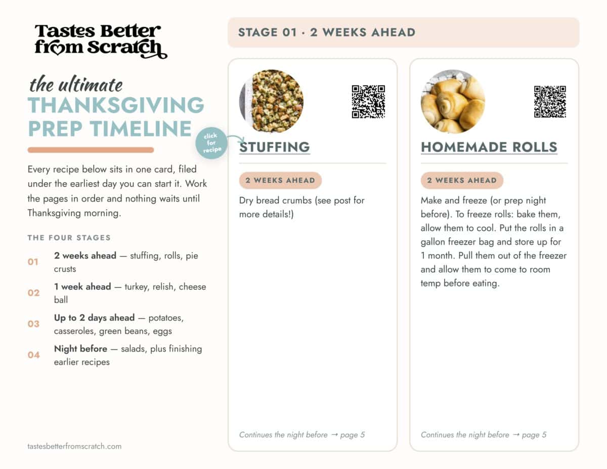 The ultimate Thanksgiving Timeline to make hosting this big dinner a breeze. It includes all of the main dish, side dish, and pie recipes and is organized by stages, starting 2 weeks ahead to day of.