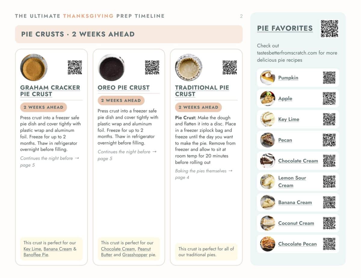 The ultimate Thanksgiving Timeline to make hosting this big dinner a breeze. It includes all of the main dish, side dish, and pie recipes and is organized by stages, starting 2 weeks ahead to day of.