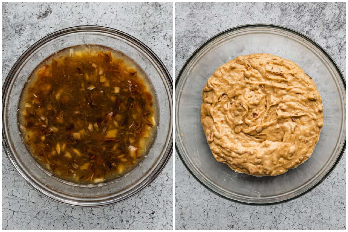 Two images showing dates soaked in a bowl with boiling water then after ingredients are added to make an easy date nut bread recipe.