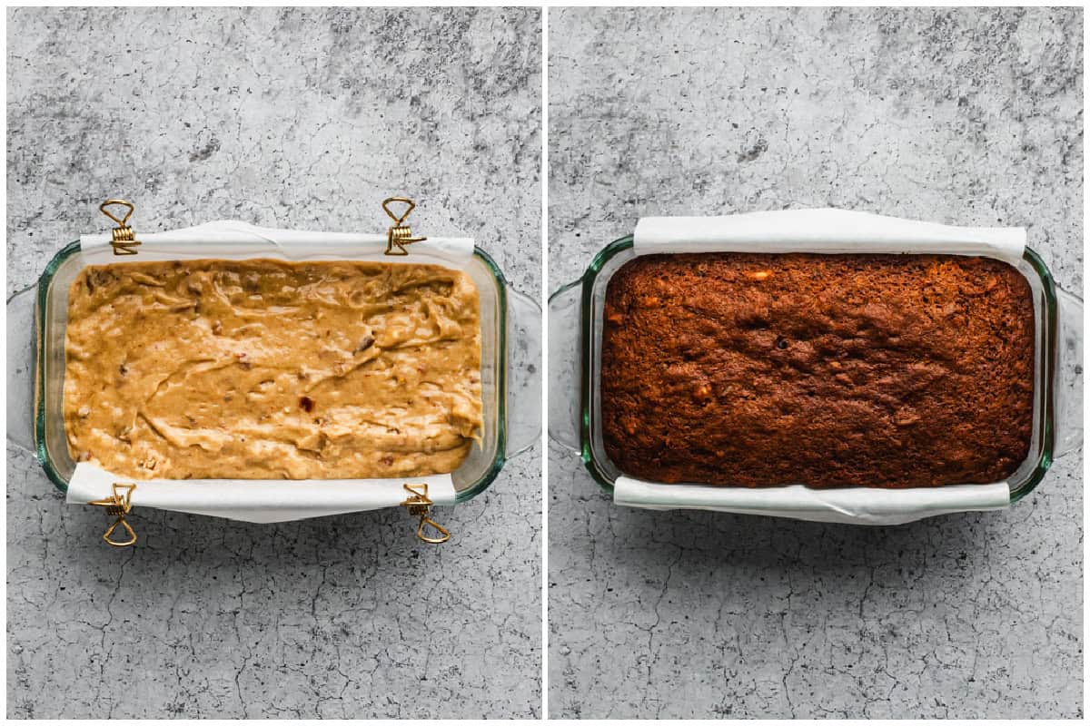 Two images showing old fashioned date nut bread recipe before and after it's baked in a loaf pan.