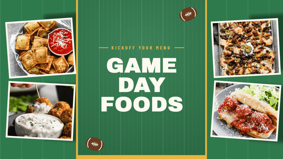 A collage of 4 game day foods.