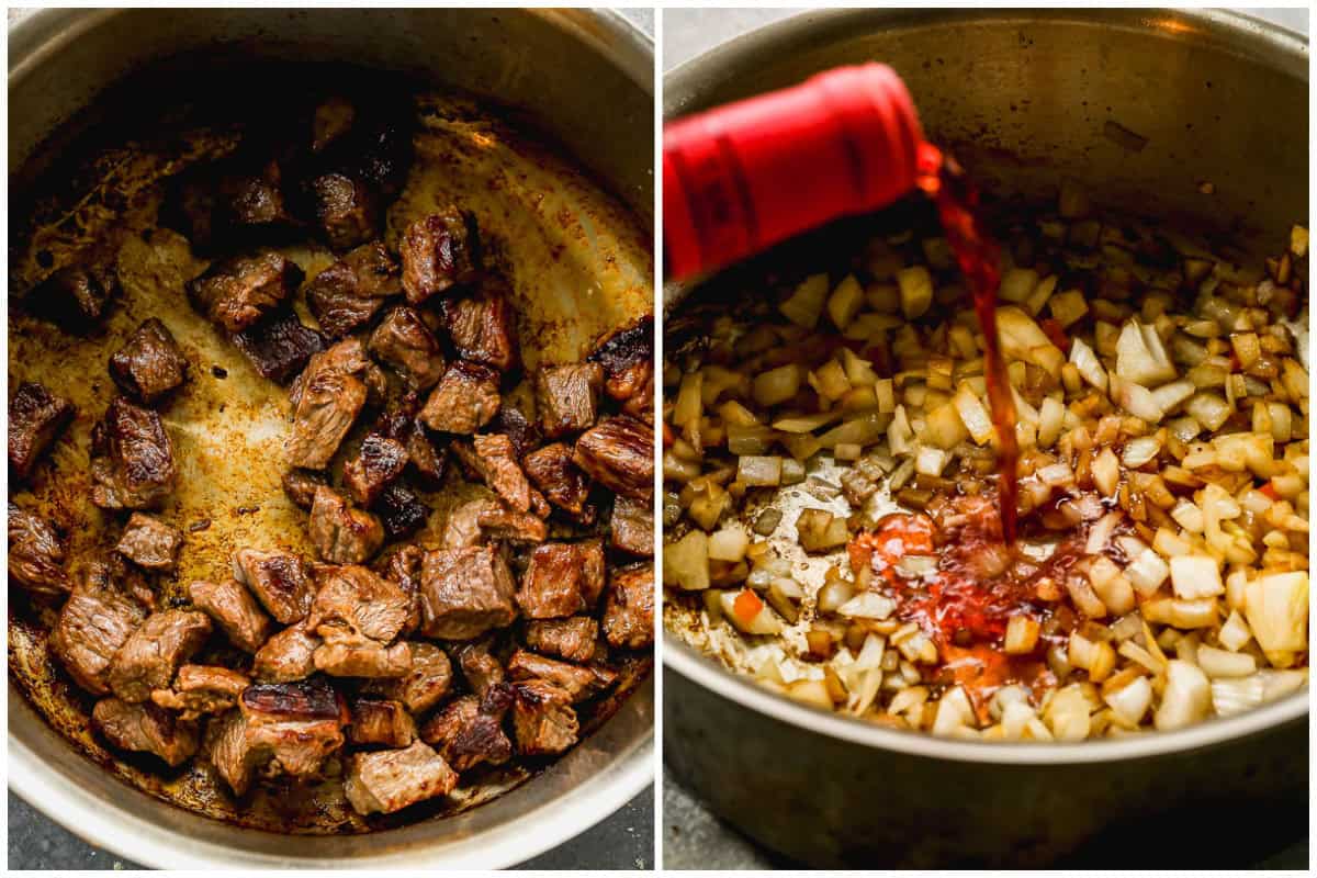 Two images showing how to make hungarian goulash by searing the meat then sautéing the onion and adding red wine before the rest of the ingredients.