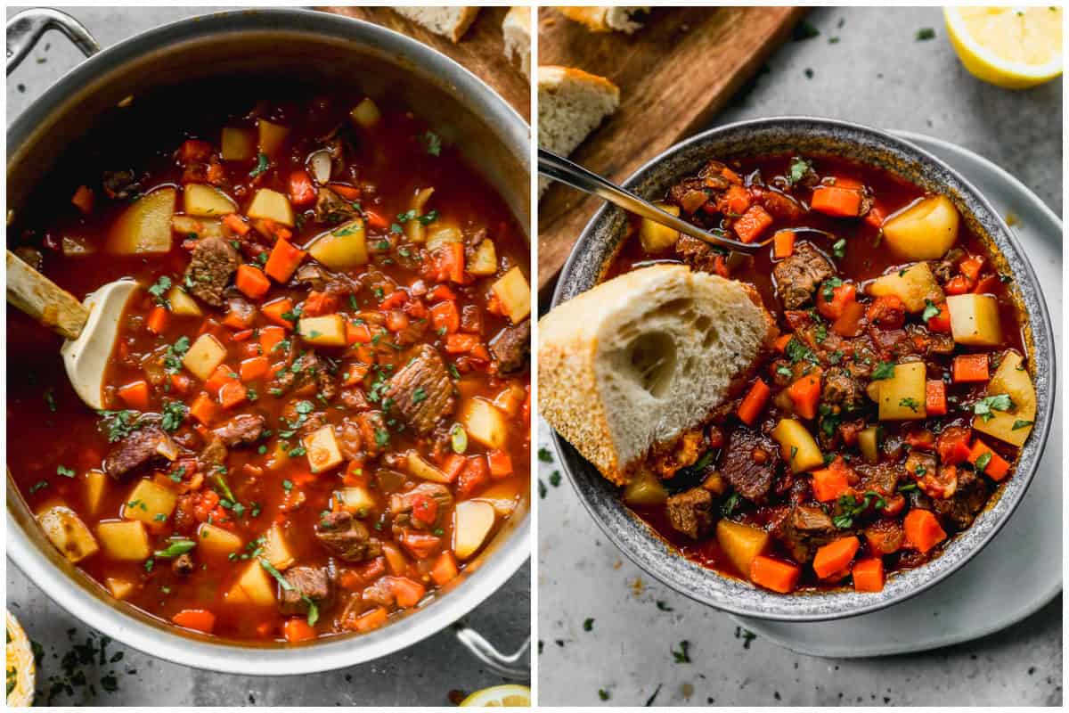 Two images showing an easy Hungarian Goulash Stew recipe in a pot then when it's served in a bowl with a piece of crusty bread dipped in it.