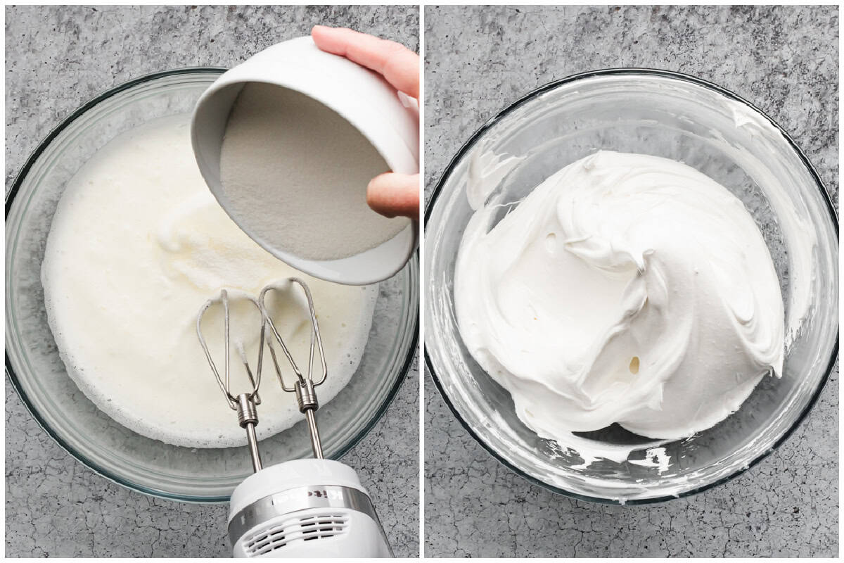 Two images showing how to make a meringue roulade by whipping the egg whites to soft peaks then adding sugar then whipping to stiff peaks.