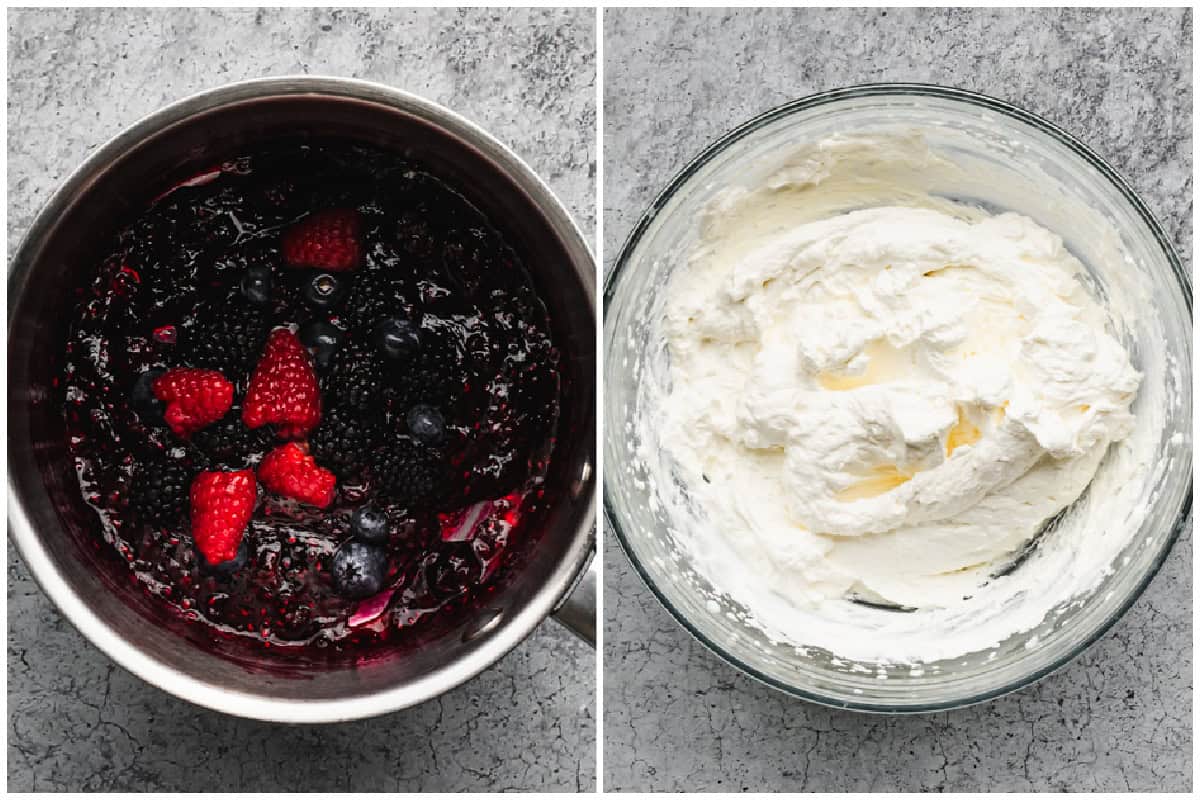 Two images with a homemade berry sauce and a mascarpone whipped cream.
