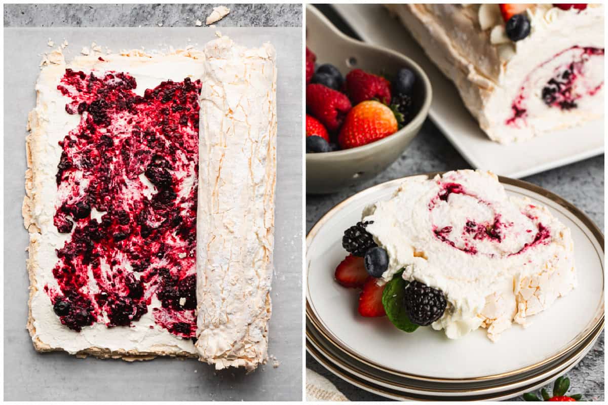 Two images showing a pavlova roll being rolled after whipped cream and a berry sauce is spread on top, then a slice being served on a small plate.