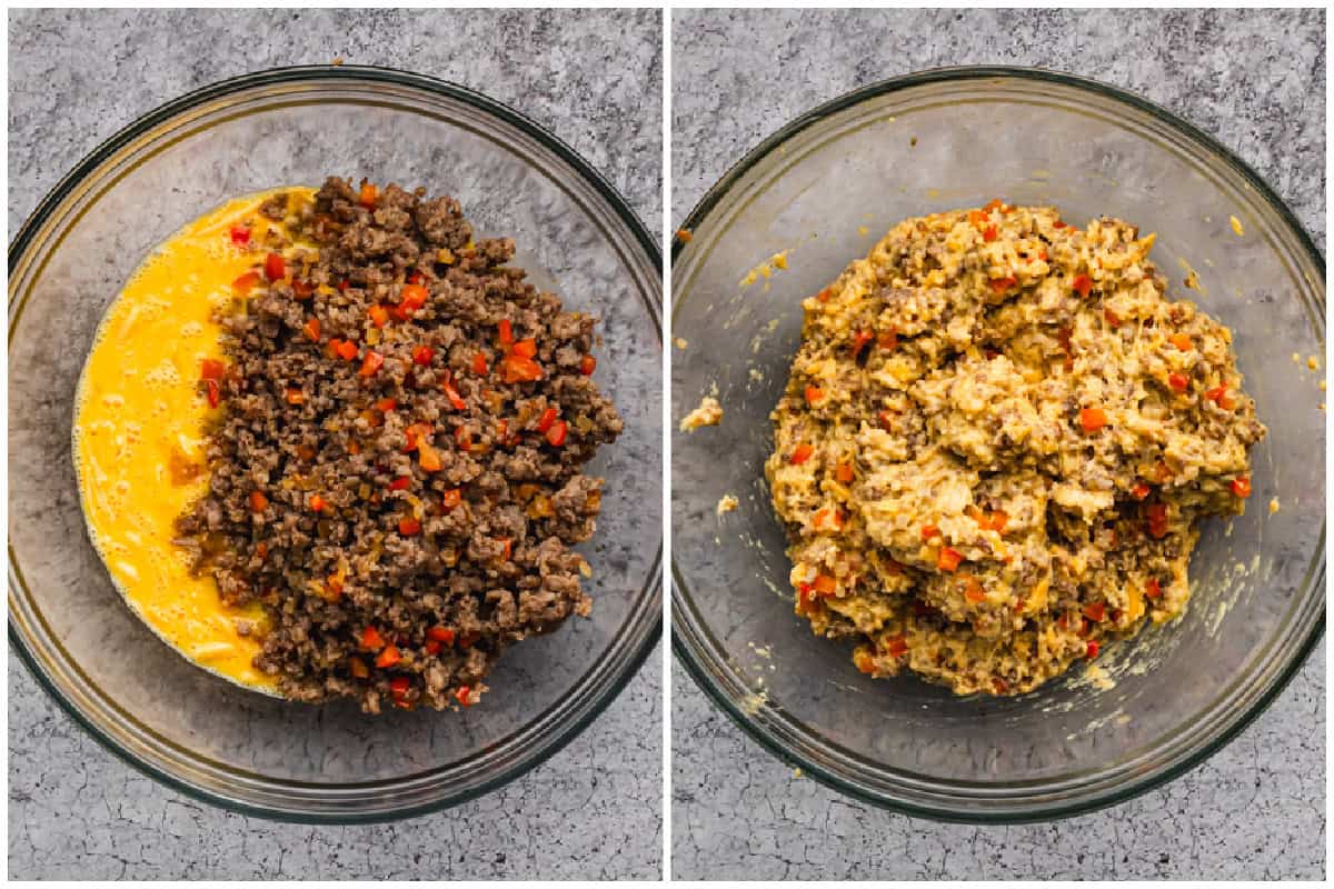 Two images showing how to make breakfast biscuits by combining the eggs with cooked sausage and veggies then after the flour mixture is added to make the cheese and sausage biscuit batter.