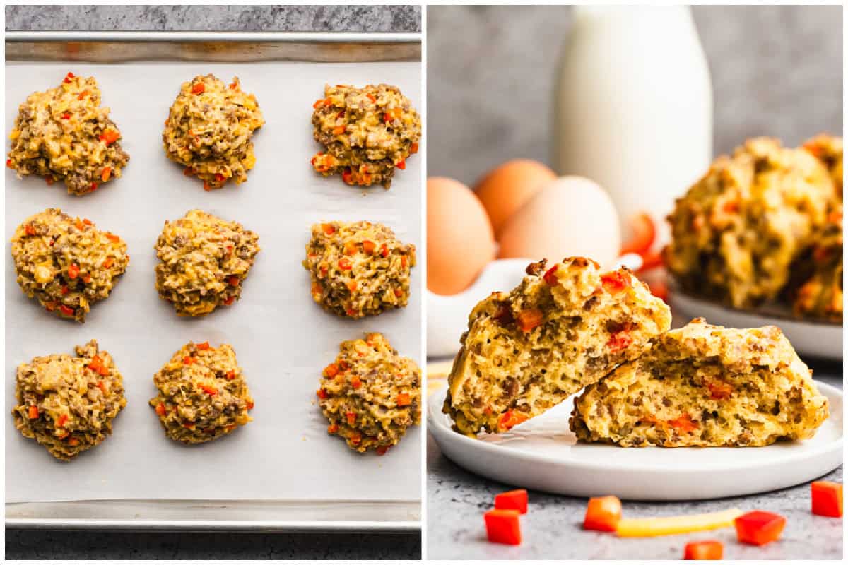 Two images showing sausage cheddar biscuits before and after they are cooked, with one cooked one served on a plate, cut in half to show the texture inside.