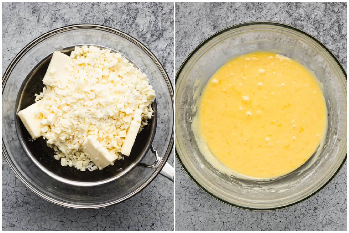 Two images showing white chocolate being melted in a bowl on a pot then after a lemon bar brownie batter is made.