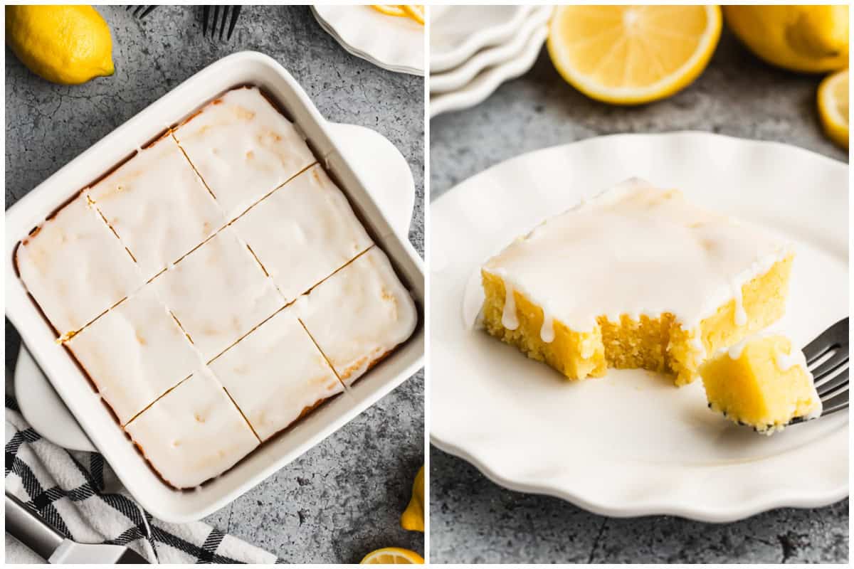 Two images showing easy lemon brownies baked in a square pan then one of them served on a plate with a fork grabbing a bite.