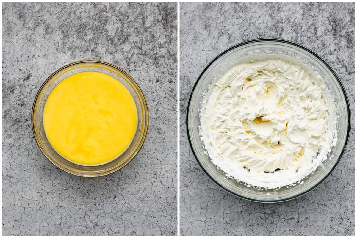 Homemade lemon curd in a bowl next to whipped mascarpone with lemon zest.