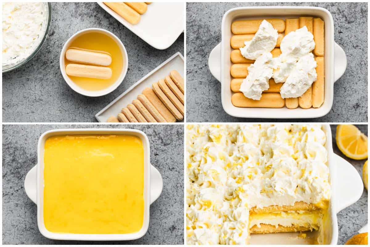 Four images showing how to assemble a lemon citrus tiramisu recipe by layering lemon dipped ladyfingers, whipped mascarpone, lemon curd, and then when a piece is taken out of the pan to show the layers. 