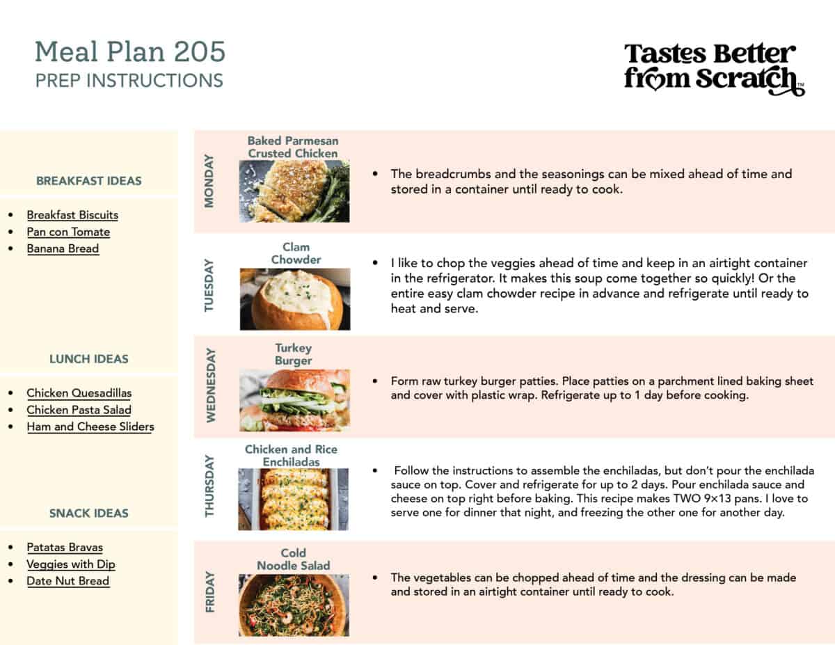 Prep ahead instructions for meal plan 205.