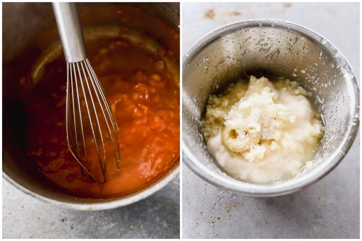 Two images showing a bravas sauce and garlic aioli for a papas bravas recipe.