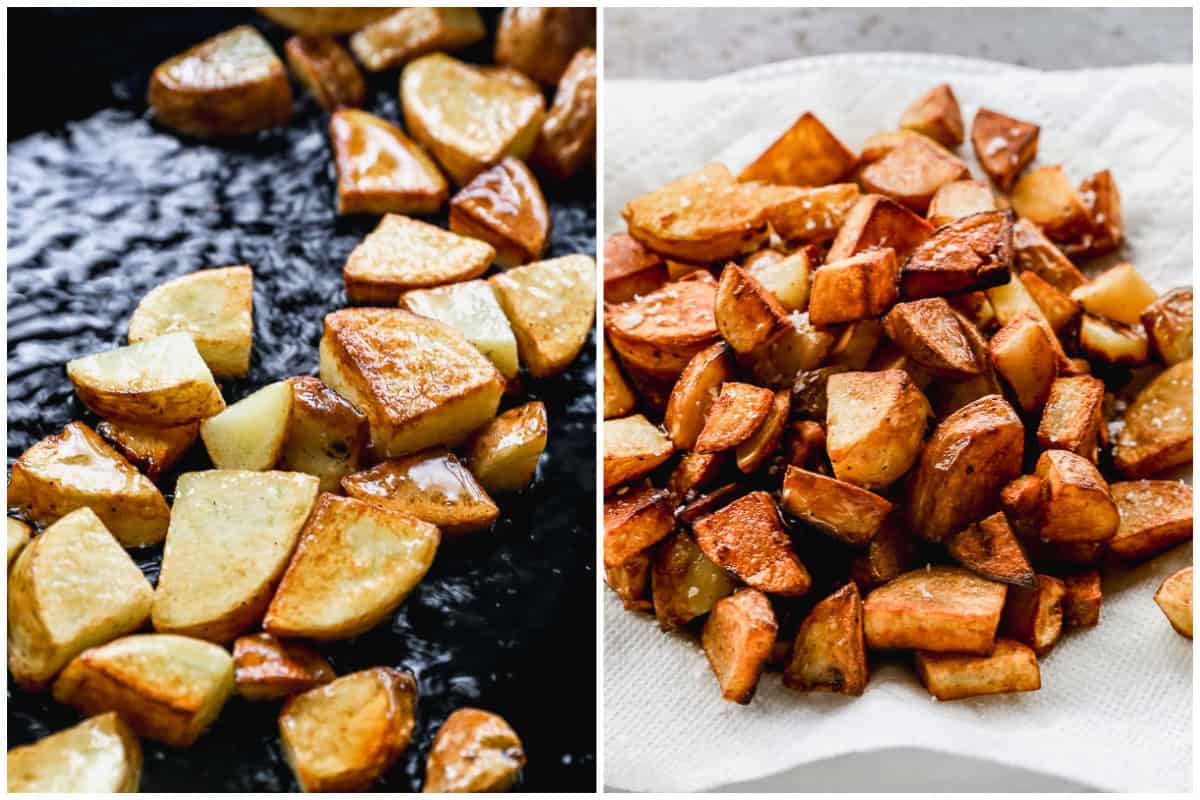Two images showing chunks of pan-fried crispy potatoes while being cooked, then after it's on a paper towel lined plate for papas bravas recipe.