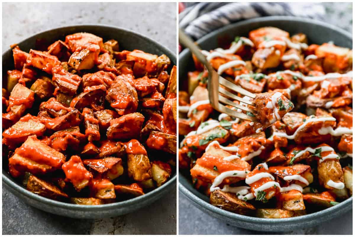 Two images showing a Spanish Patatas Bravas recipe served in a bowl with bravas sauce then after aioli is added and a fork is picking a piece up.