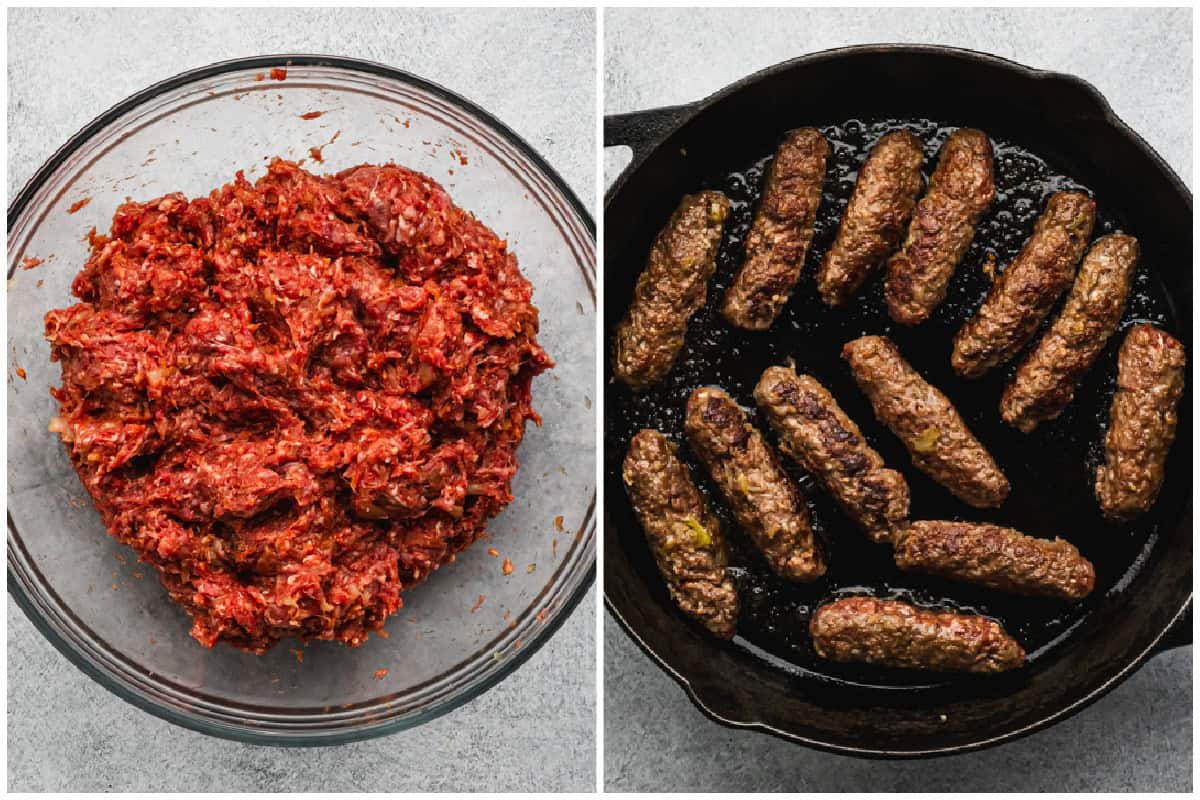 Two images showing how to make cevapi by making the meat mixture then forming and cooking the sausages.