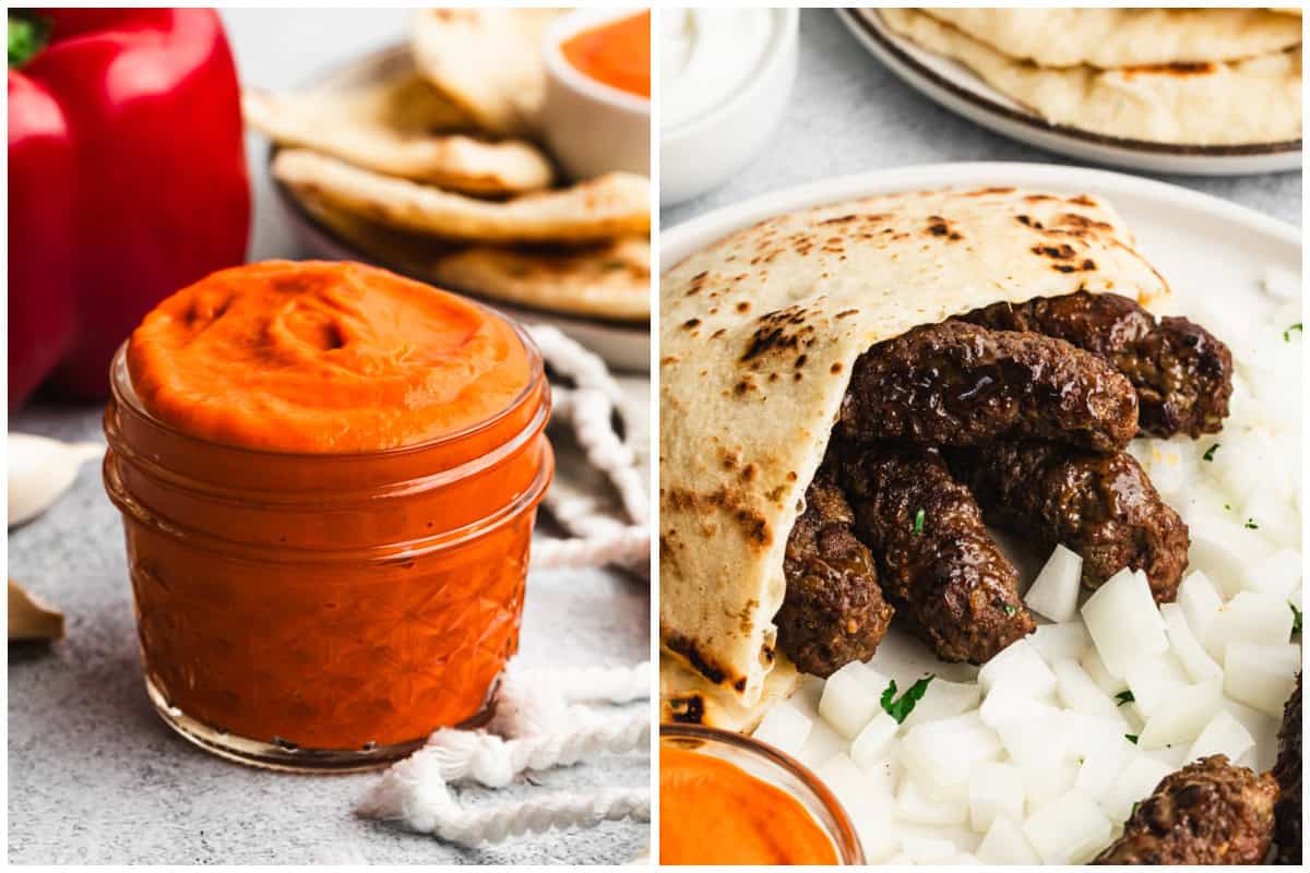 Two images showing a homemade ajvar sauce in a mason jar then cevapi plated with a pita, ajvar sauce and diced onion.