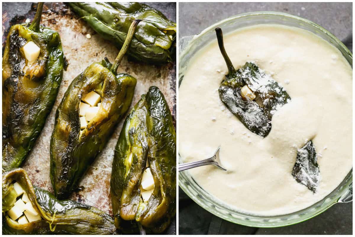 An easy Mexican Chiles Rellenos recipe showing cheese stuffed in the peppers then dipping the peppers in the batter.