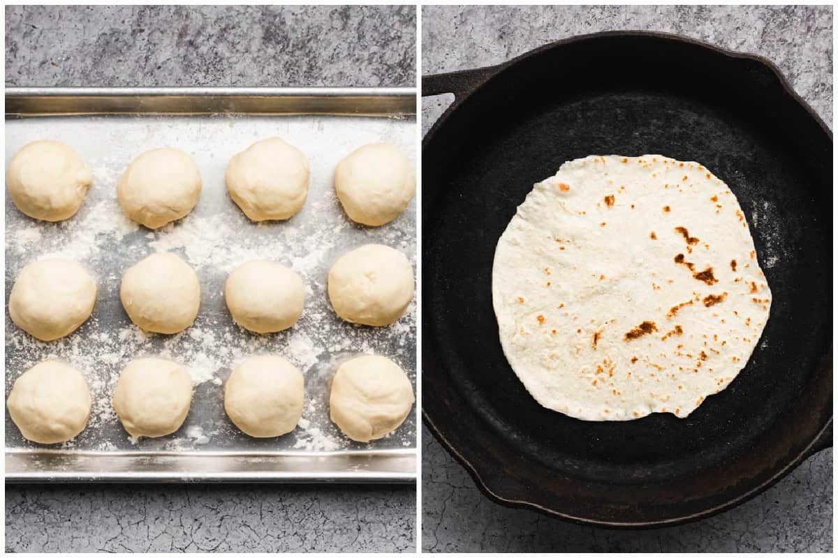 Two images showing how to make flour tortillas by making and dividing dough into 12 balls then rolling them out and cooking them on a cast iron skillet.