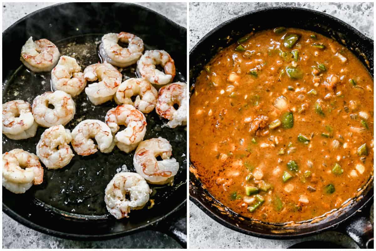 Two images showing how to make shrimp and grits by cooking the shrimp then making a delicious gravy to go on top. 