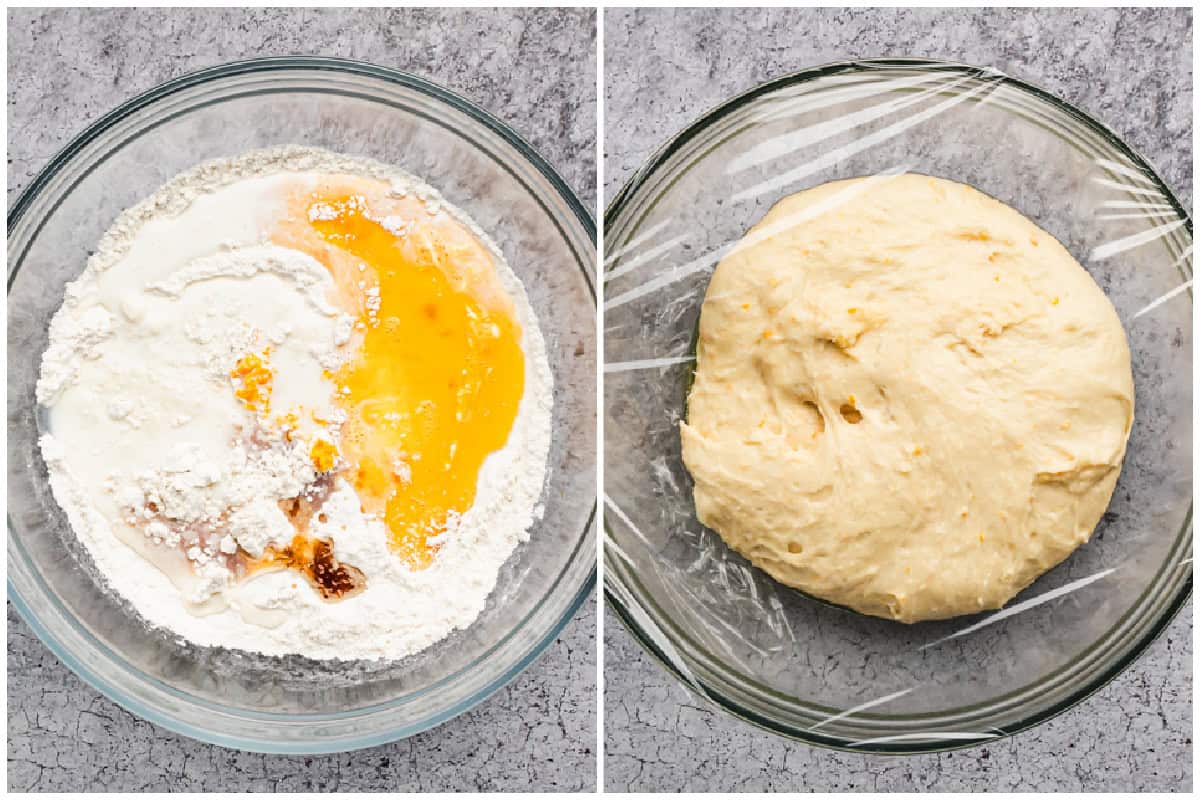 Two images showing how to make the dough for a chocolate babka recipe by combining the dry ingredients with wet ingredients then after it is covered with plastic wrap and after it has risen.