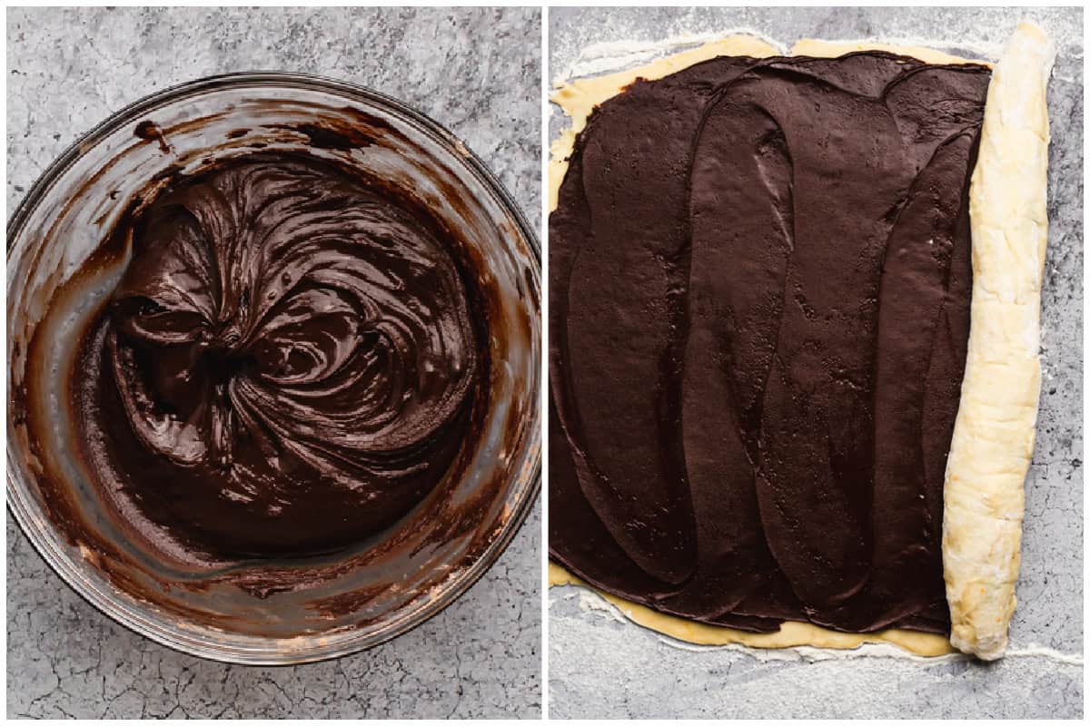 Two images showing how to make chocolate babka filling by melting the chocolate then adding the cocoa powder and powdered sugar then after it's spread on the rolled out dough.