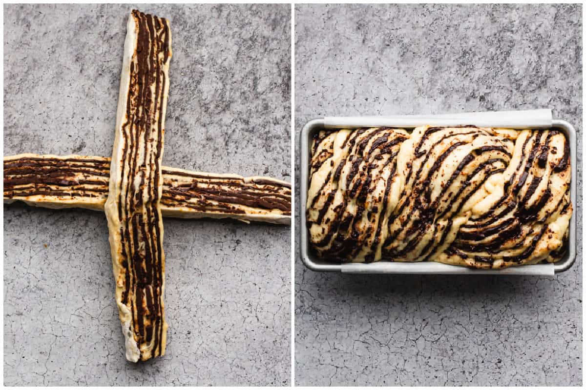 Two images showing how to shape a babka cake recipe by twisting it into a rope and placing in a bread pan.