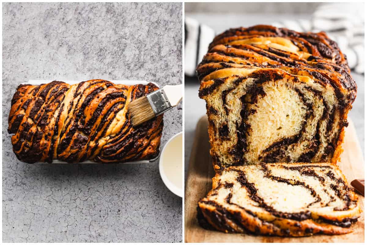 Two images showing a chocolate babka dessert fresh out of the oven and a simple syrup being brushed on top then after the babka is sliced.