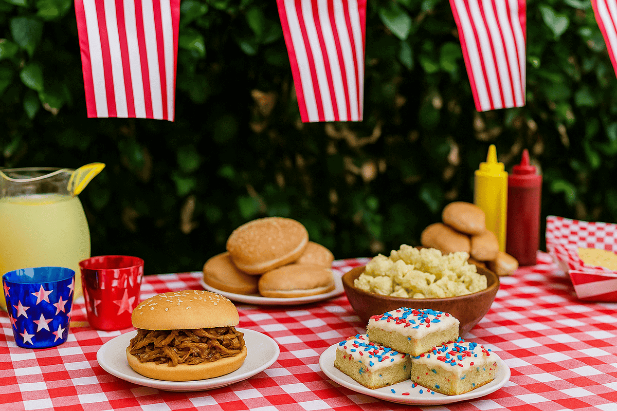 Fourth of july table with pulled pork , sugar cookie bars, and mac salad.