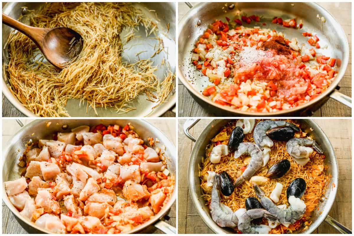 Four images showing how to make fideua by browning noodles, cooking veggies and chicken, then adding seafood.