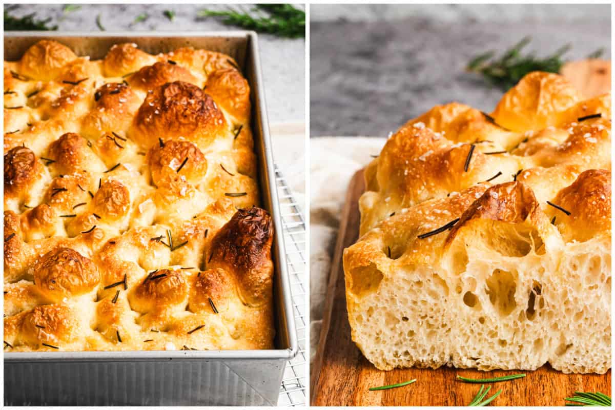 Two images showing a fluffy focaccia bread recipe baked in the oven until golden with olive oil, rosemary, and flake salt for toppings then after it's cut into squares and served on a plate.