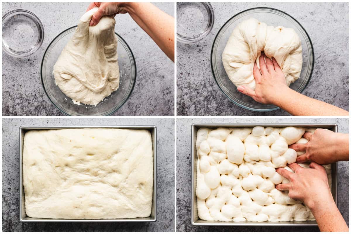 Four images showing how to make Focaccia bread by making the dough, doing stretch and folds, letting it rise, and dimpling the dough before baking.