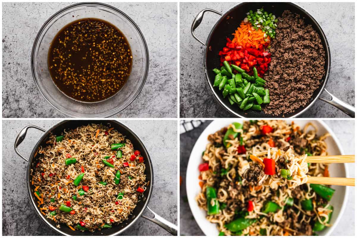 Four images showing how to make Mongolian Noodles by making the sauce, cooking the beef and veggies, then combining it all together with the noodles.