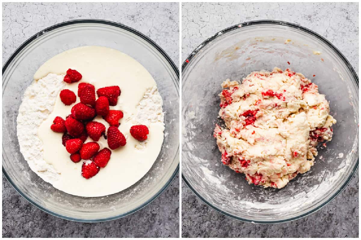 Two images showing how to make raspberry scone dough by dumping the wet ingredients and fresh raspberries into the dry ingredients then kneading until the dough comes together.