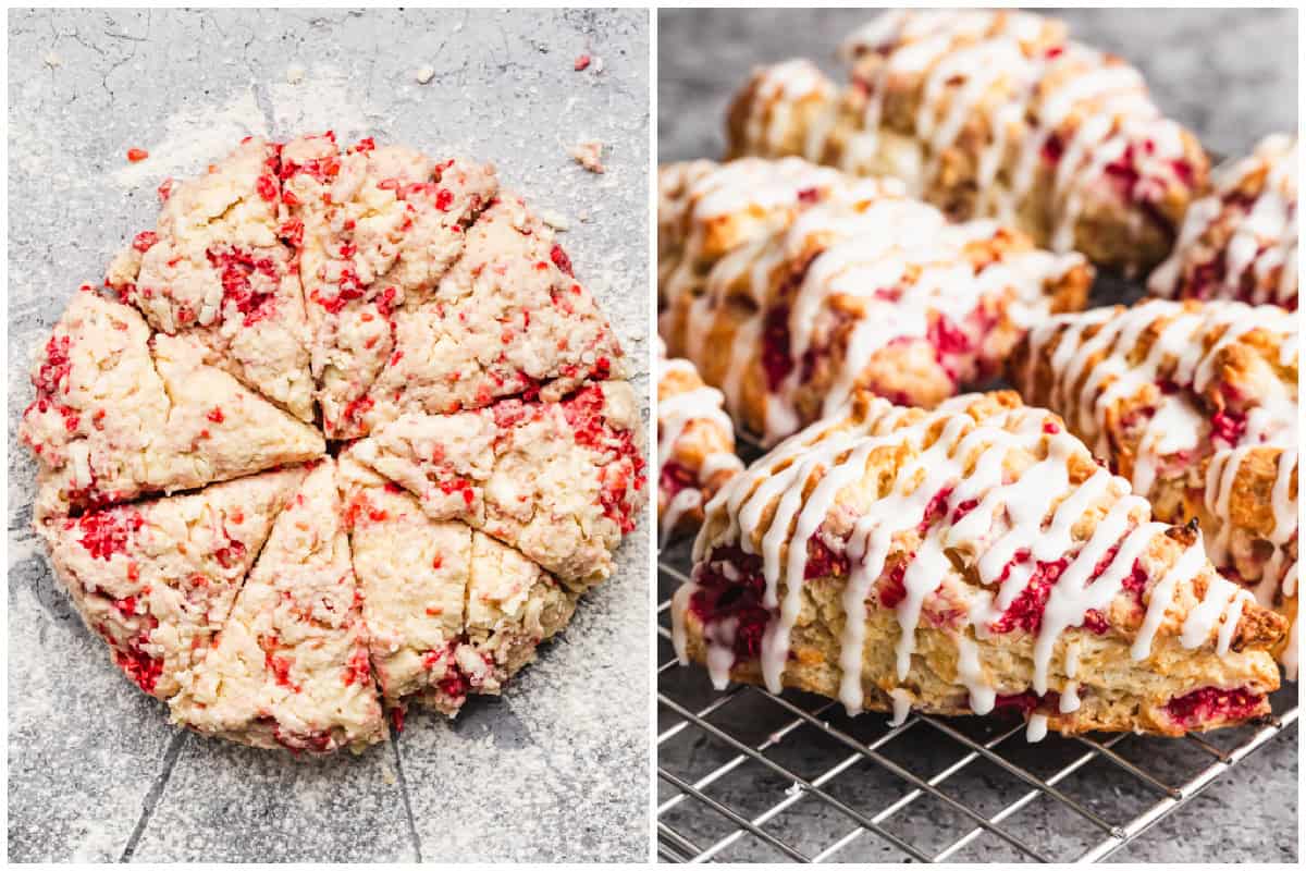Two images showing easy raspberry scones cut into wedges then baked and drizzled with a homemade glaze.