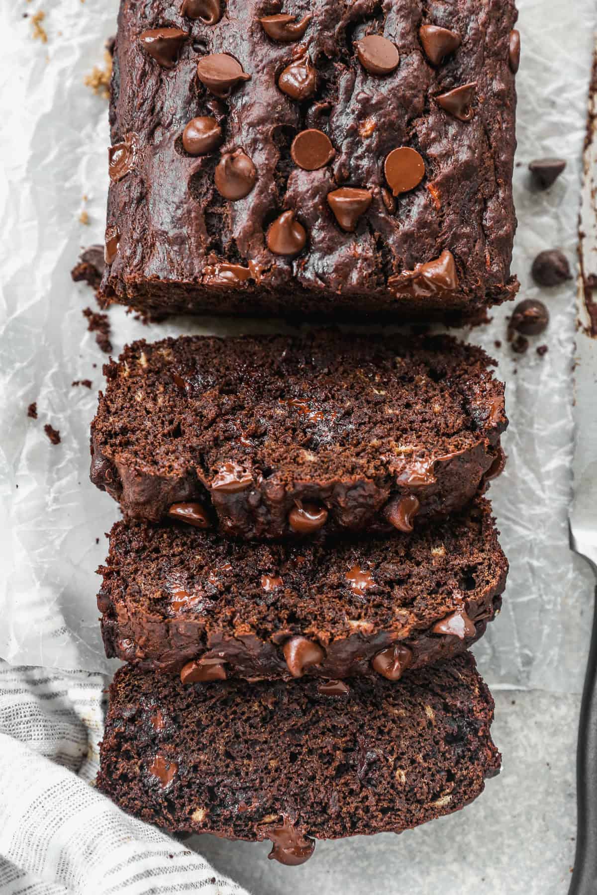 This chocolate banana bread is the perfect way to use up ripe bananas and makes an indulgent snack or easy dessert.