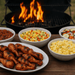 BBQ Chicken Drumsticks, baked beans, potato salad, cowboy caviar, and caprese salad on a picnic table next to a grill.